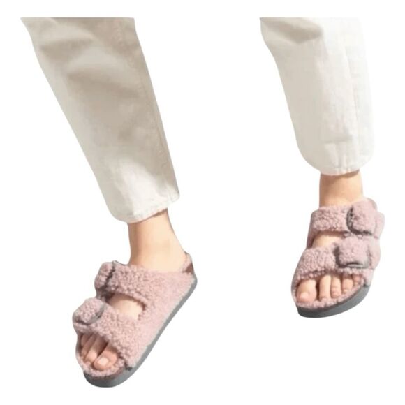 Birkenstock Papillio Arizona Big Buckle Shearling Platform Pink Slip-On Sandals - Picture 5 of 7